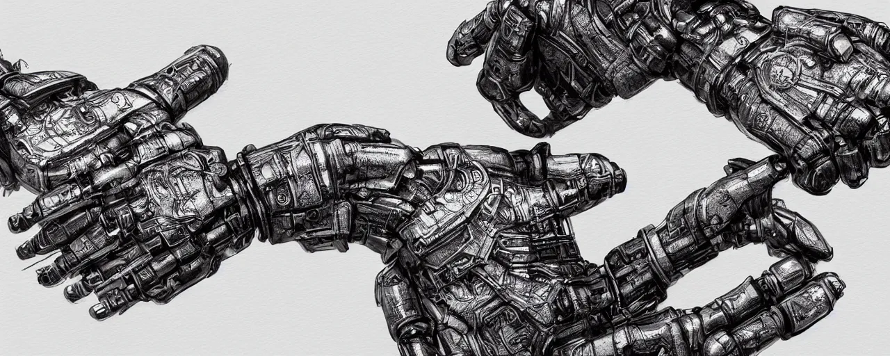 Image similar to a closeup of a robot hand holding a fountain pen, intricate, cinematic lighting, highly detailed, digital painting, artstation, concept art, smooth, sharp focus, illustration