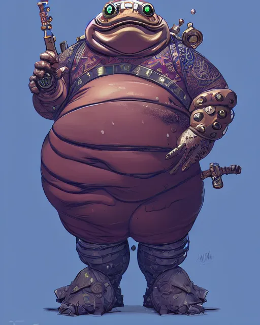 Prompt: a fat slimy anthropomorphic toad king wearing ornate cyberpunk armor, smooth, intricate, elegant, digital painting, artstation, steam, grungy steel, concept art, sharp focus, octane render, illustration, art by josan gonzalez, overwatch character,
