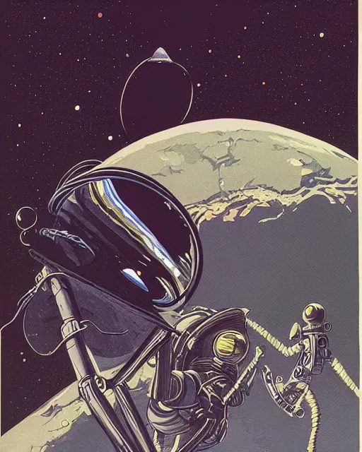 Image similar to dark retro illustration 1 9 6 7 science fiction, doomed astronaut on saturn's moon, gouache and ink, art sussman, mohrbacher, retro futurism