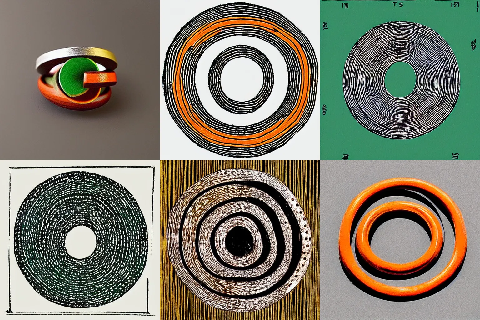Prompt: “Infinitely small rings grow from the center of the circle, reach a maximum size, and then diminish again as they reach the outer circumference, woodcut in orange, green, and black.”