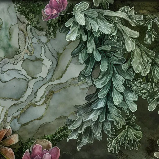 Prompt: delicate marble garden on paper floating puffy vines botanical herbarium botanic watercolors coastline iridescent 8 k wide angle realistic shaded fine details, artstation italian rainbow colonnade oak pinecone gardena architecture pompeii boundary wall