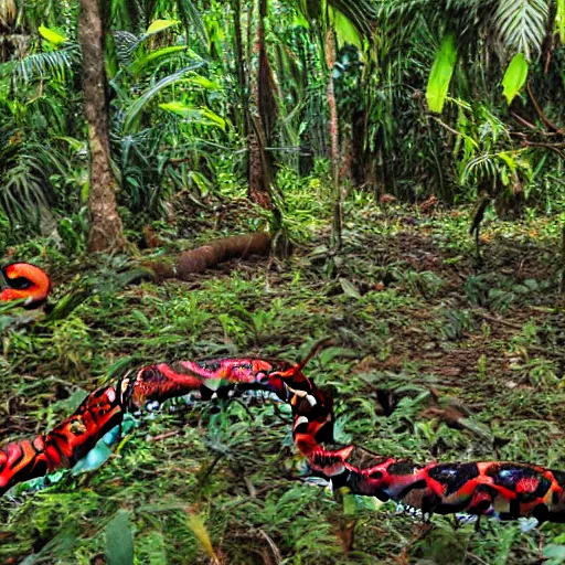 Image similar to thick jungle with brightly colored snakes everywhere. very dark