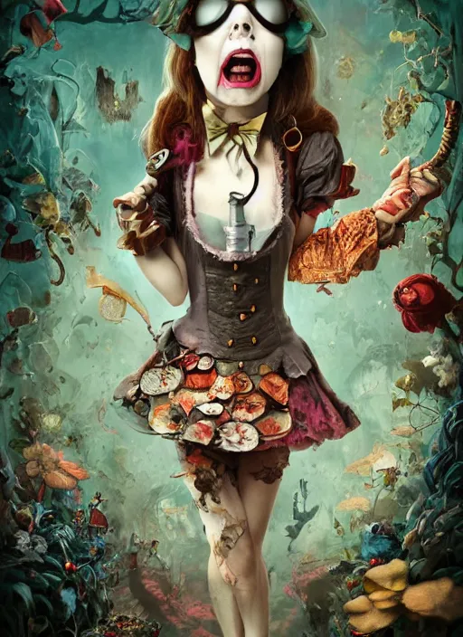 Image similar to alice in wonderland, angry, scary, cheeky, steampunk googles, highly detailed, cinematic, 8 k, by megan duncanson, benjamin lacombe, stanley artgermm, tom bagshaw, craig mullins, carne griffiths, ayami kojima, beksinski, giger, trending on deviantart, hyper detailed, horror, full of colour