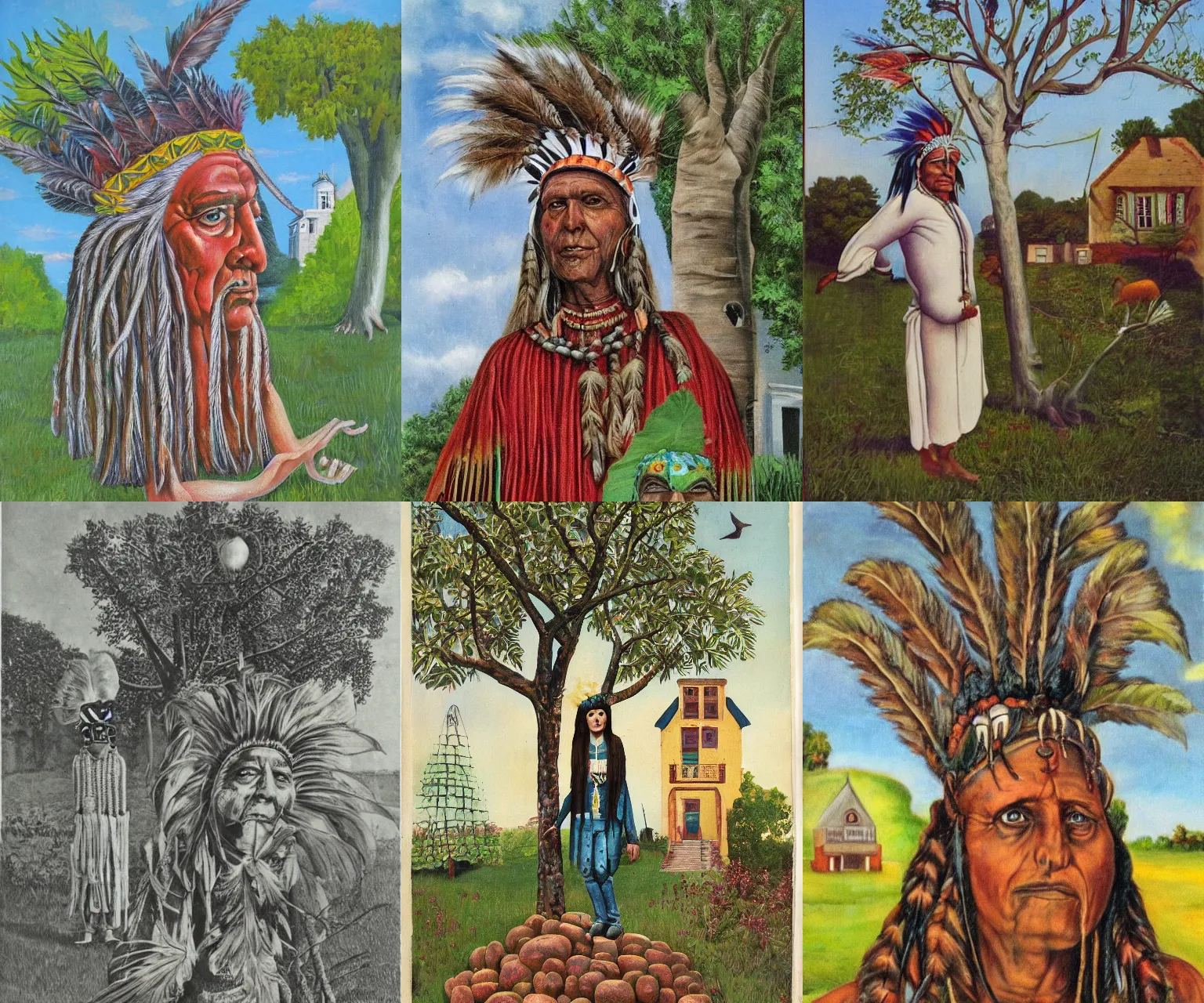 Prompt: surrealism, Indian chief by apple tree, colonial house in background