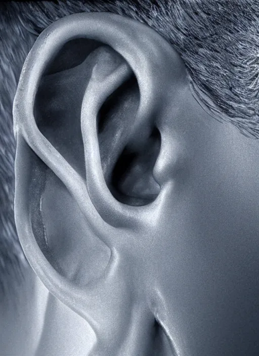 Prompt: Hyper realistic and detailed ear isolated in a back background made of a translucent, semi-transparent, and crystalline material with blood fibers, nerves and muscles, unreal engine, octane render, 8K, extreme detail resolution, trending on ArtStation, chiaroscuro, by David Cronenberg, Raphael, Caravaggio
