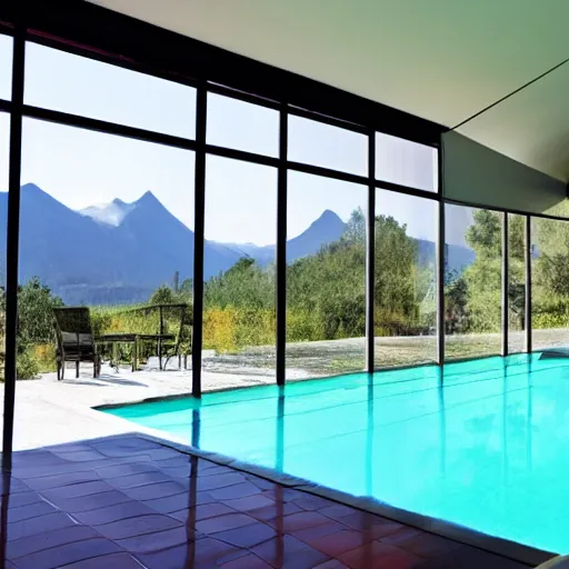 Prompt: a sunny covered lounge with a swimming pool with clean water next to a large window with a view of the mountains, photo