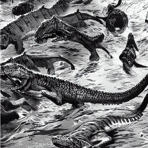 Image similar to battalion of tabby cats swimming downstream to do battle with a giant cayman crocodile silkscreened poster lithograph “ bernie wrightson ”