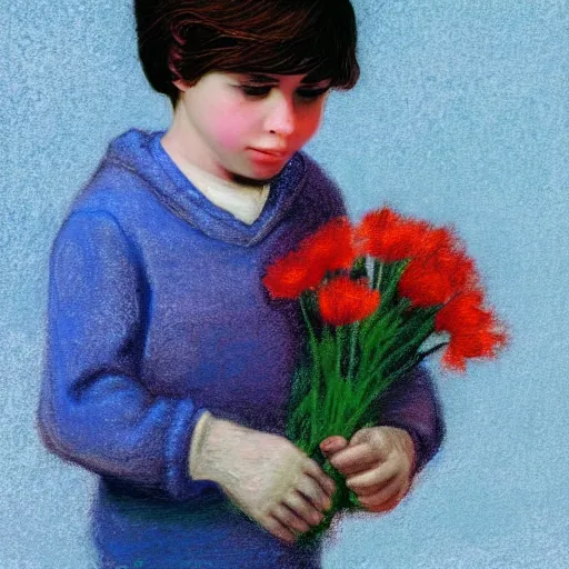 Image similar to a young boy is holding a bouquet of flowers, a pastel by bourgeois, pixabay, art & language, stockphoto, vray