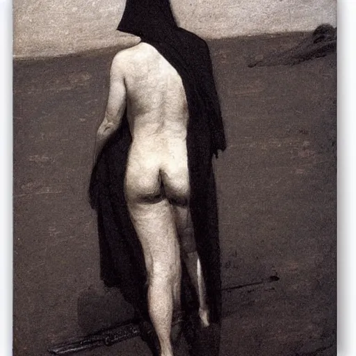 Image similar to Back view of the grim reaper, thin black robe, curvy, death himself, deep shadows, award winning, by Ilya Repin