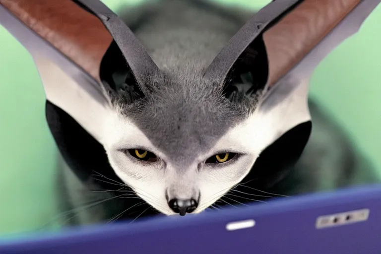 Image similar to a blue - and - black male catbat fursona with blue / green heterochromatic eyes ( differently - colored eyes, one green, one blue ) and huge bat ears, photo of the catbat streaming on his computer