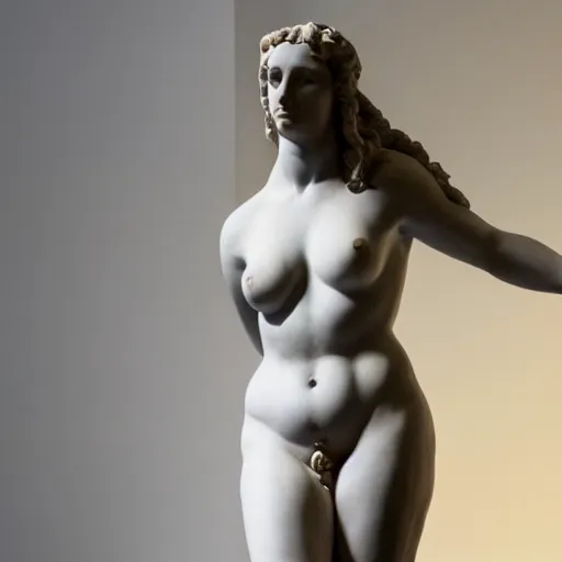 Prompt: classical sculpture of christina hendricks as the venus de milo, alexandros of antioch, on display at the louvre museum, dramatic lighting, 4 k