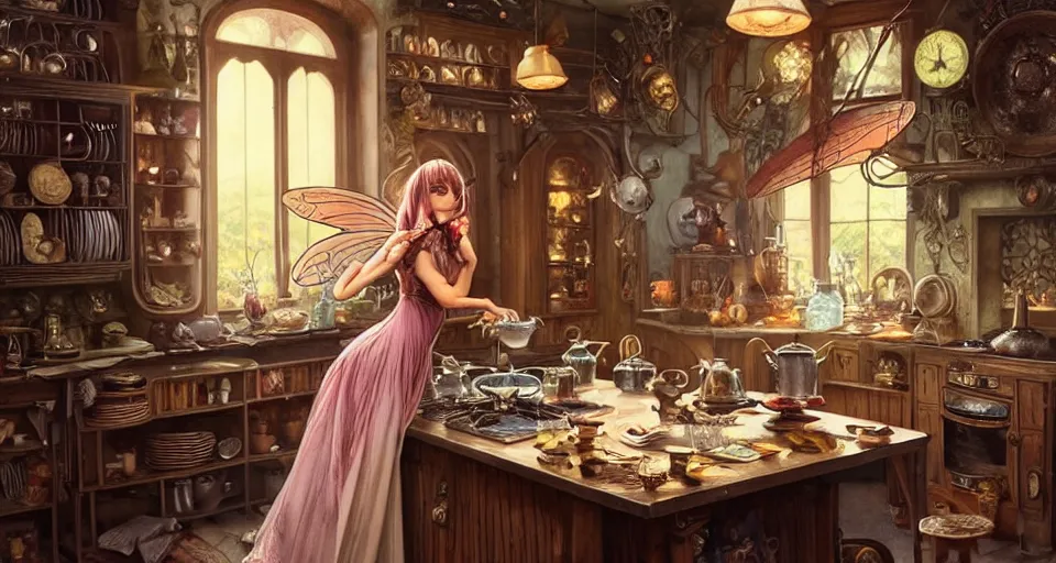 Image similar to a mid - shot of a fairy in a vintage magical kitchen, with one vintage book on a table, with a fireplace in the background d & d, fantasy, intricate, elegant, highly detailed, digital painting, artstation, concept art, smooth, sharp focus, illustration, art by artgerm and greg rutkowski and alphonse mucha