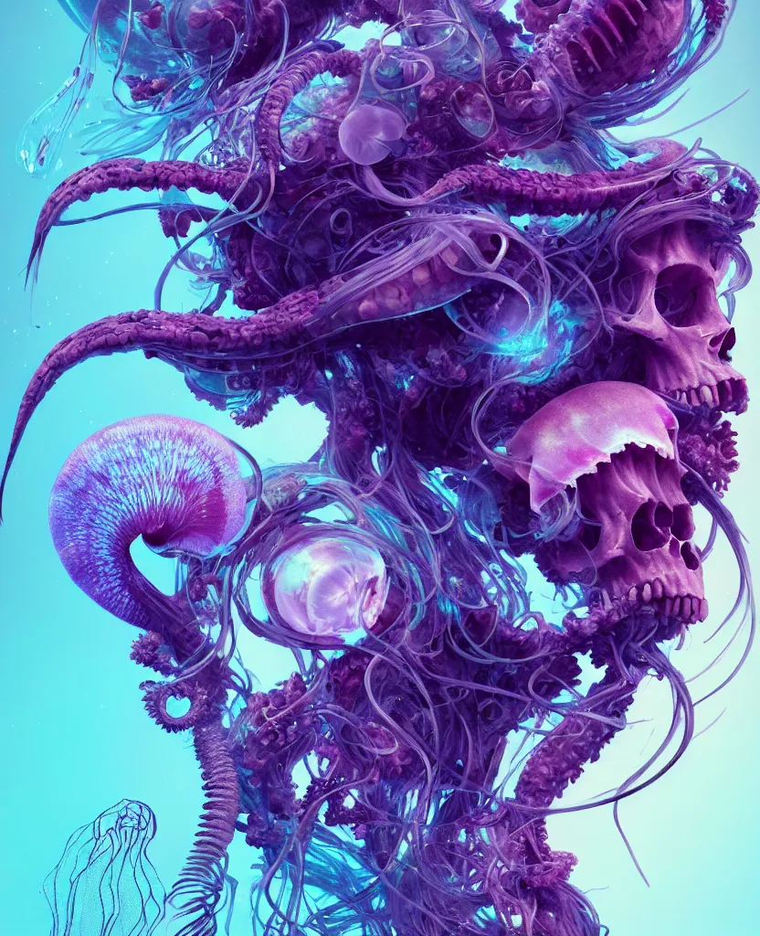 Image similar to goddess close-up portrait ram skull, thorax, x-ray, backbone, jellyfish phoenix head, nautilus, orchid, skull, betta fish, bioluminiscent creatures, intricate artwork by Tooth Wu and wlop and beeple. octane render, trending on artstation, greg rutkowski very coherent symmetrical artwork. cinematic, hyper realism, high detail, octane render, 8k