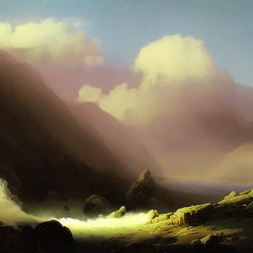 Prompt: a dramatic mountainous landscape matte painting by Ivan Aivazovsky