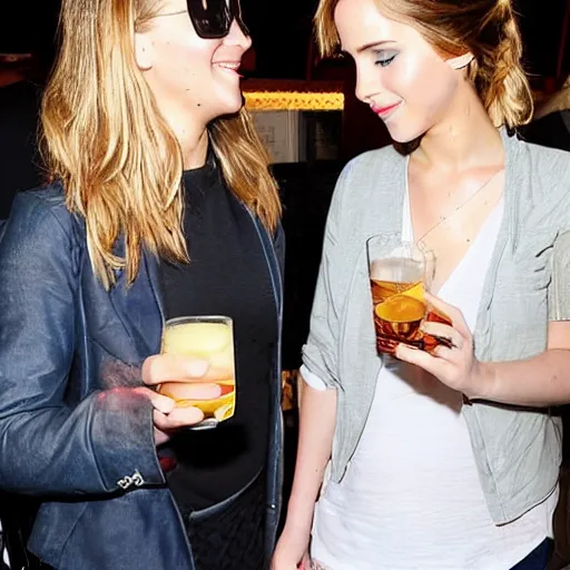 Image similar to Jennifer Lawrence drinking a pastis with Emma Watson