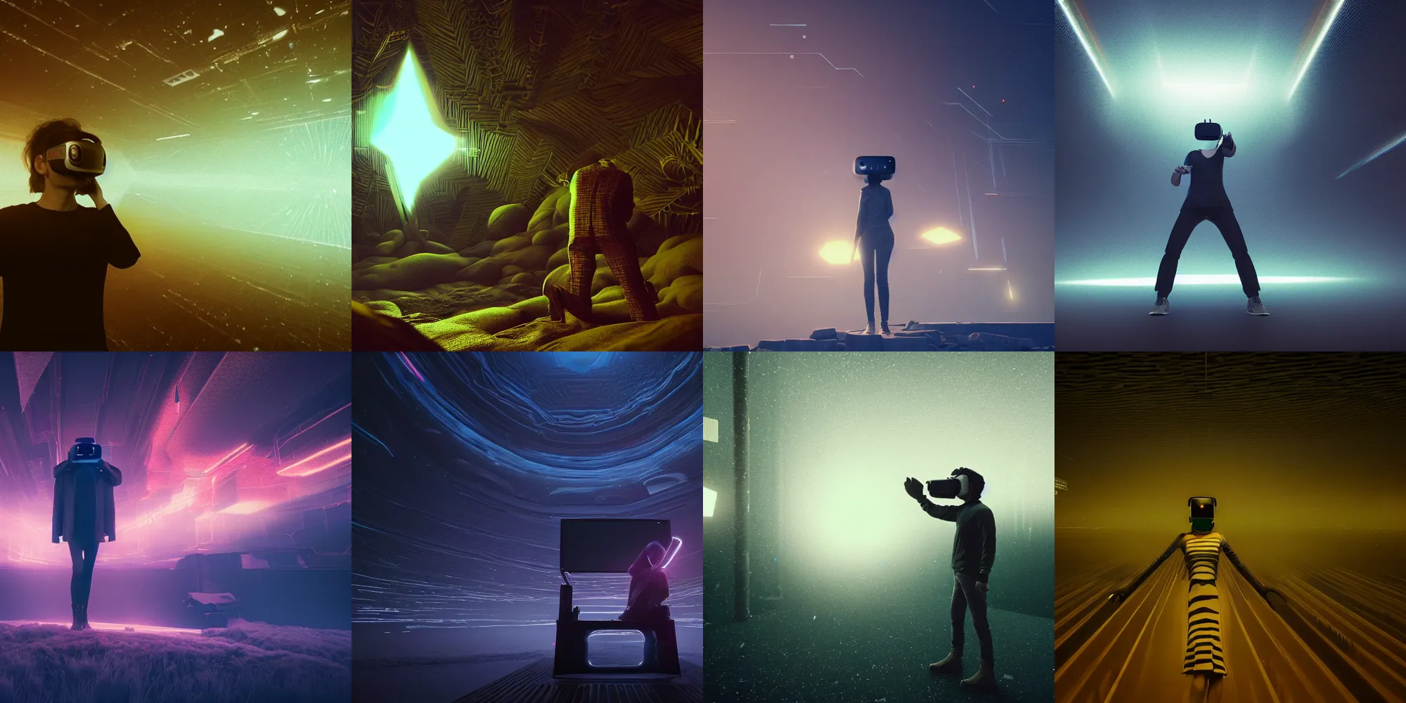 Image similar to beautiful dark landscape, person screaming wearing virtual reality, in the style of beeple and Mike Winkelmann, intricate, epic lighting, cinematic composition, hyper realistic, 8k resolution, unreal engine 5,