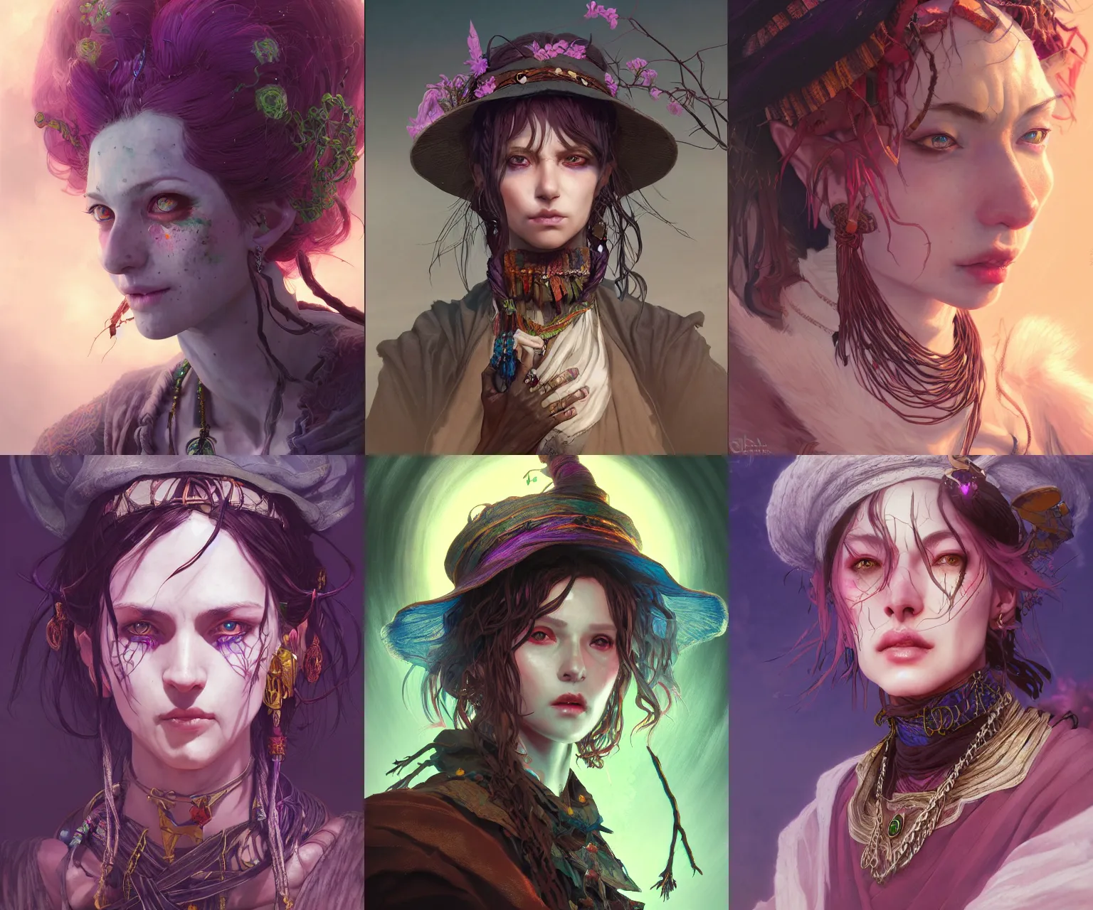 Image similar to portrait of a village witch, beautiful, fantasy, colorful, cinematic lighting, artstation, trending, highly detailed, focus, smooth, by hirohiko araki and yoshitaka amano