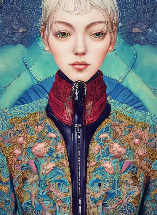 Image similar to skintight leather jacket : : by martine johanna and simon stalenhag and chie yoshii and casey weldon and wlop : : ornate, dynamic, particulate, rich colors, intricate, elegant, highly detailed, centered, artstation, smooth, sharp focus, octane render, 3 d