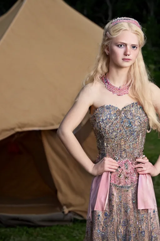 Image similar to a princess with long blonde hair and light blue eyes wearing a strapless elaborately beaded pink dress standing next to a brown canvas army tent, high resolution film still, 8k, HDR color, film by Simon Langton and David Frankel, triangular face, very light freckles, round narrow chin, straight jawline, natural lips, high cheekbones, beautiful gazing eyes