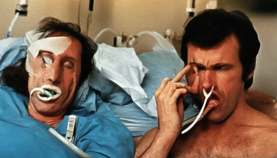 Prompt: 70s movie still of a man with a spiral in the mouth in hospital, eastmancolor, heavy grain, high quality, higly detailed, liminal space