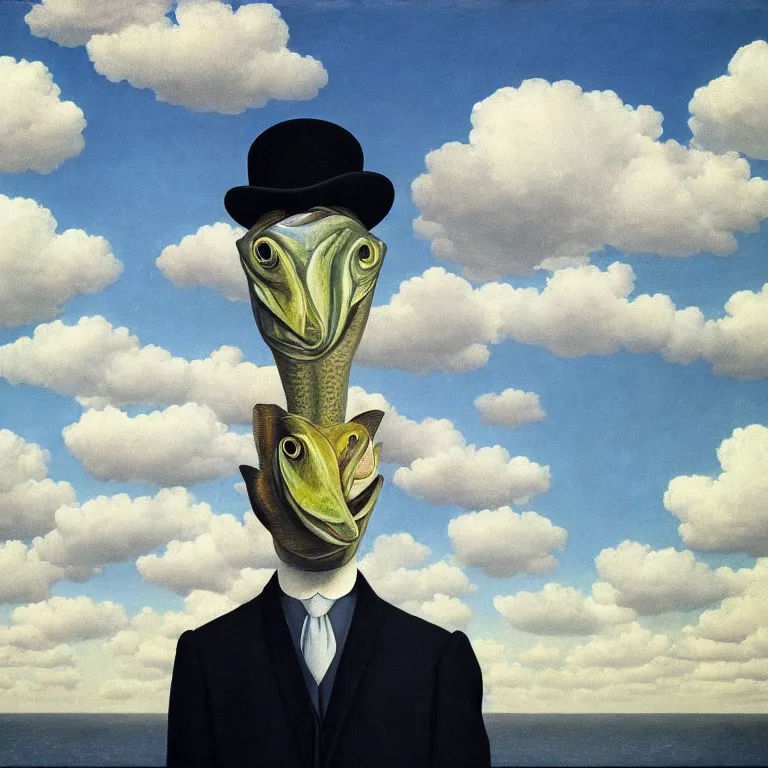 Image similar to portrait of a man with fish head, clouds in the background, by rene magritte, detailed painting, distance, middle centered, hd, hq, high resolution, high detail, 4 k, 8 k