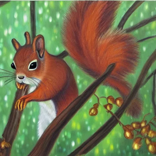 Prompt: beautiful oil painting of squirrels with glowing eyes hiding under foilage, raining at night