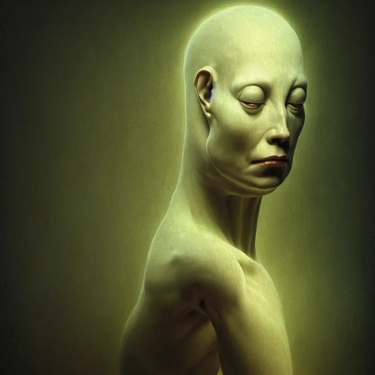 Image similar to portrait of a ribbed alien by hieronymus bosch, wide shot, soft glow bloom lucid dream - like ethereal atmosphere, baroque portrait painting, perfect composition, beautiful intricate detailed octane render trending on artstation, 8 k artistic photography, volumetric cinematic perfect light, chiaroscuro, masterpiece, raphael, caravaggio, rutkowski, beeple, beksinski