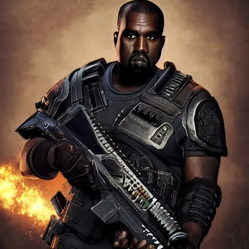 Prompt: Kanye West as Bowser in 'Gears of War', splash art, movie still, cinematic lighting, detailed face, dramatic, octane render, long lens, shallow depth of field, bokeh, anamorphic lens flare, 8k, hyper detailed, 35mm film grain