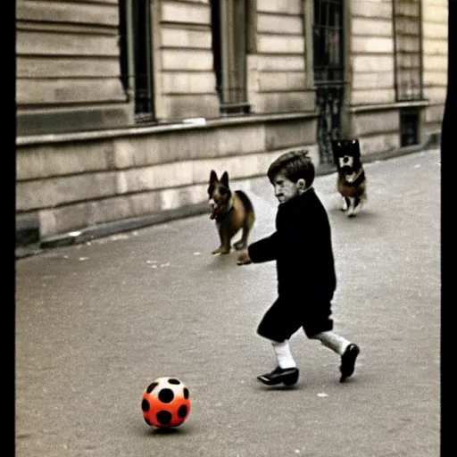 Image similar to a french boy on the streets of paris playing football against a corgi, the dog is wearing a polka dot scarf, book illustration, 1 9 6 6