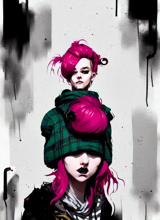 Image similar to highly detailed portrait of a sewer punk lady, tartan hoody, blonde ringlet hair by atey ghailan, by greg rutkowski, by greg tocchini, by james gilleard, by joe fenton, by kaethe butcher, gradient magenta, black, blonde cream and white color scheme, grunge aesthetic!!! ( ( graffiti tag wall background ) )