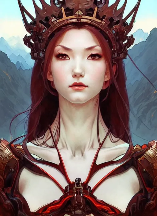 Image similar to concept art by artgerm, attractive i robot demon queen with crown and red eyes, soft natural light, intricate, elegant, highly detailed, mountain background with houses and river, digital painting, artstation, concept art, smooth, sharp focus, illustration, art by greg rutkowski and alphonse mucha and uang guangjian and gil elvgren, symmetry!!