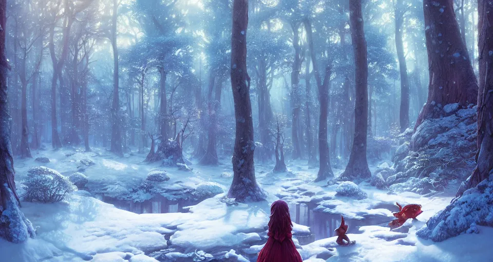 Image similar to highly detailed snowy fairytale forest, stephen bliss, unreal engine, greg rutkowski, loish, rhads, beeple, makoto shinkai and lois van baarle, ilya kuvshinov, rossdraws, tom bagshaw, tom whalen, alphonse mucha, global illumination, god rays, detailed and intricate environment