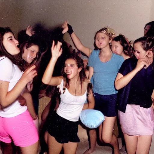 Image similar to Jeffrey Epstein having a pillow fight with teenager girls at a slumber party