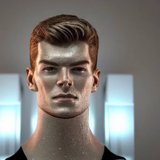 Image similar to made of ice, a realistic detailed photo of a guy who is an attractive humanoid who is half robot and half humanoid, who is a male android, on display, blank stare, showing off his muscles, shiny skin, posing like a statue, by the pool, frozen ice statue, f 1 driver max verstappen, humanoid robot