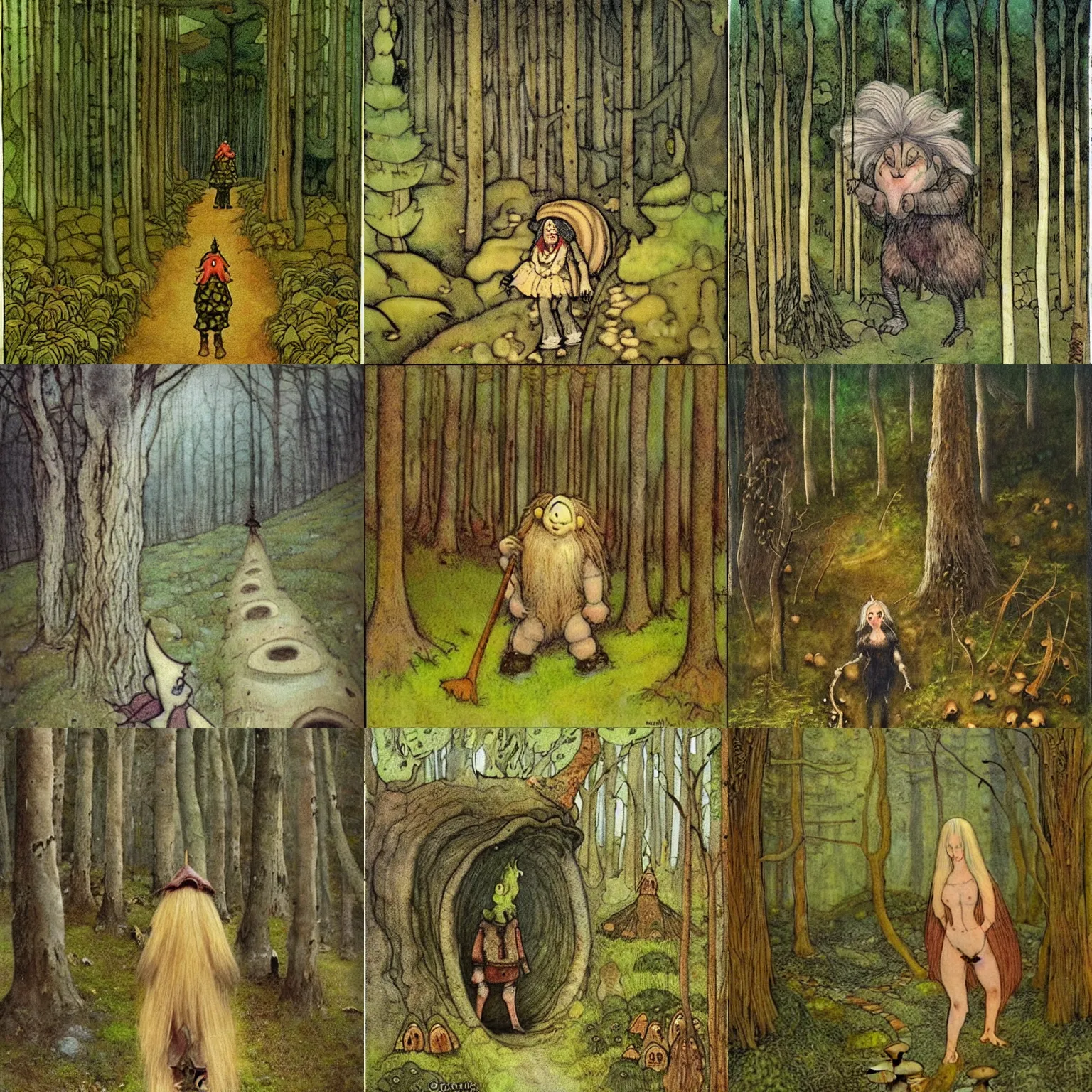 Prompt: a troll walking in the woods, filled with mushroom houses, in the style of John Bauer, trending on pinterest