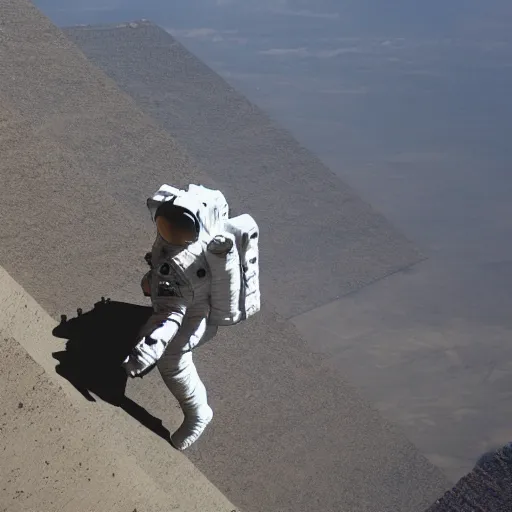 Image similar to an astronaut is standing on the top of a pyramid