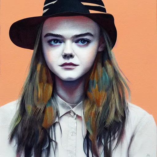 Image similar to Elle Fanning wearing a bandana and cowboy hat picture by Sachin Teng, asymmetrical, dark vibes, Realistic Painting , Organic painting, Matte Painting, geometric shapes, hard edges, graffiti, street art:2 by Sachin Teng:4