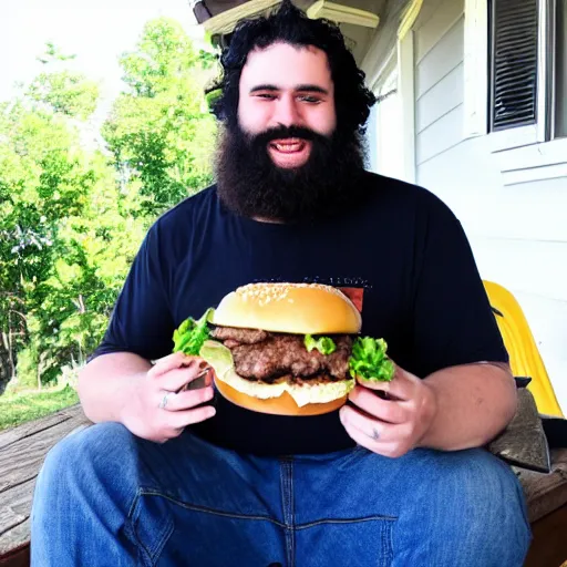 Prompt: heavy 2 0 year old, messy black hair, big beard, eating burgers, chicken nuggets, back porch table