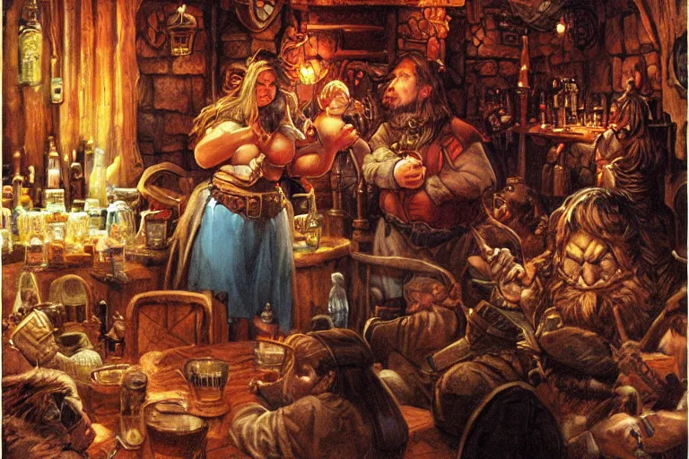 Prompt: chubby dwarf barmaid in a busy dwarven tavern | hyperdetailed | ralph horsley, jeff easley, larry elmore |