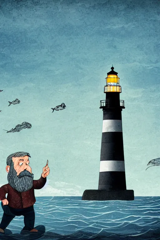 Prompt: old man and the sea, seaweed in his beard, a marine creature grabs a lighthouse in the background, 6 0'space poster illustration, grain