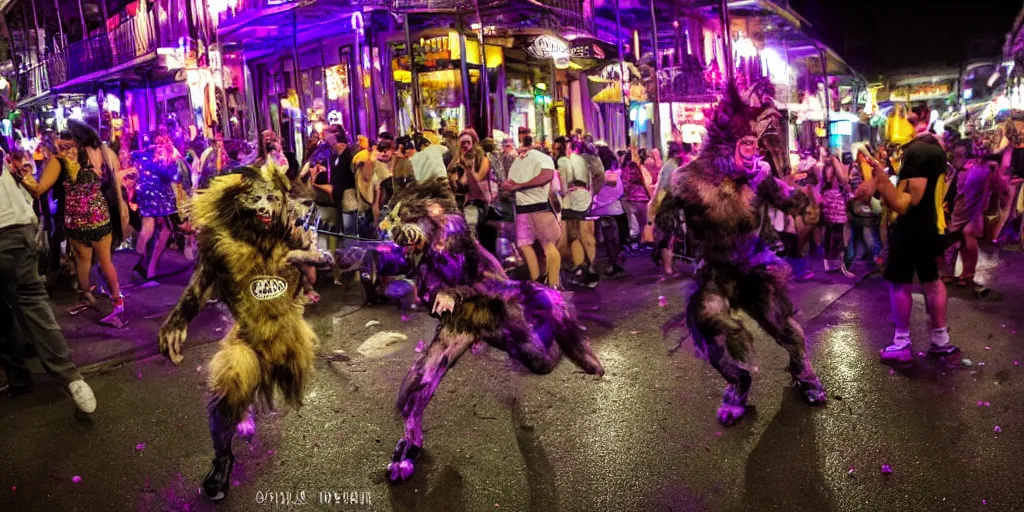 Prompt: a photograph of a werewolf doing shots on Bourbon Street on Mardi Gras, party, low shutter speed