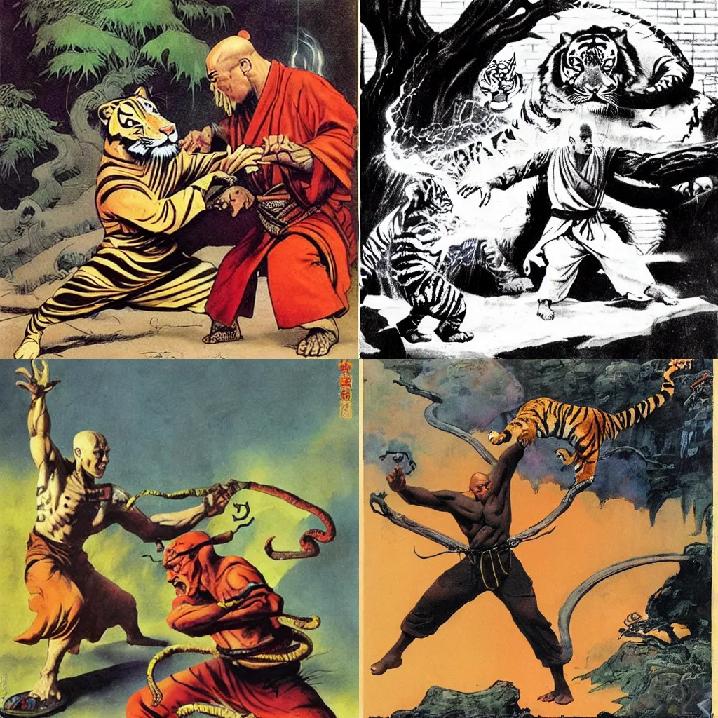 Prompt: a shaolin wizard conjuring a tiger from blue smoke, by frazetta and jack kirby