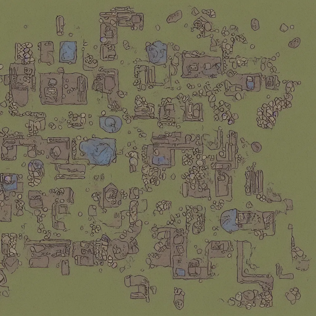 Image similar to simplistic bandit camp layout, art by allixander maps, acrylic drawing, fantasy, world, bright, clear, simple, sharpened