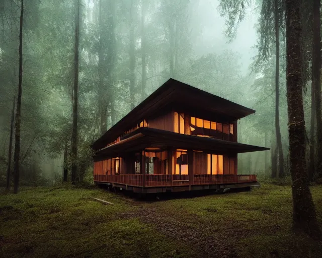 Image similar to an exquisite wooden house in the middle of a lush forest, minimalist design, architectural photography, dark and dim lighting, beautiful, tranquil, moody, cinematic, fantasy, 3 5 mm lens, volumetric lighting, first person view, photographic render, hyper realistic