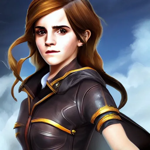 Image similar to emma watson as a character in the game league of legends, with a background based on the game league of legends, detailed face