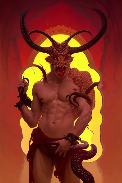 Image similar to portrait of a beautiful young fit male demon with ram horns, scaly snake like body, hellish scene, by greg rutkowski and alphonse mucha, d & d character, gradient red to yellow, in front of an hellish landscape background, highly detailed portrait, digital painting, artstation, concept art, smooth, sharp focus ilustration, artstation hq