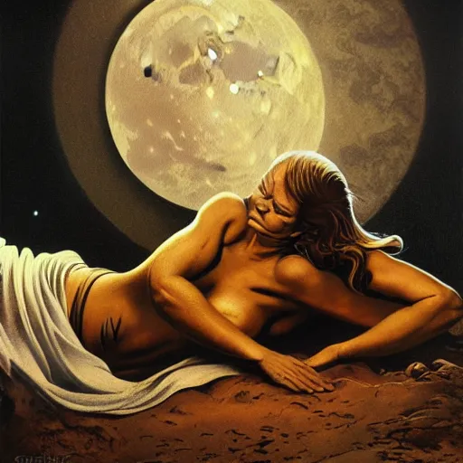 Prompt: sleep of wise old beautiful woman face Desert Spirit, under unresolved evil moon illusion, in the style of Frank Frazetta, Jeff Easley, Caravaggio, extremely clear and coherent, clear lines, 8K resolution, epic masterpiece, detailed, intricate