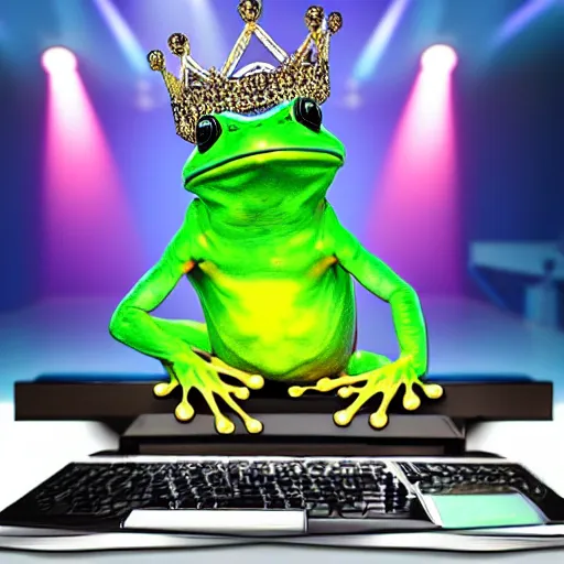 Prompt: frog with a crown doing a live stream behind a computer in a disco room, photorealistic