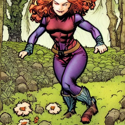 Image similar to A cute little Jean Grey by xmen collecting flowers in the forest. Absurdly-detailed fantasy character illustration by Rebecca Guay and Wayne Reynolds