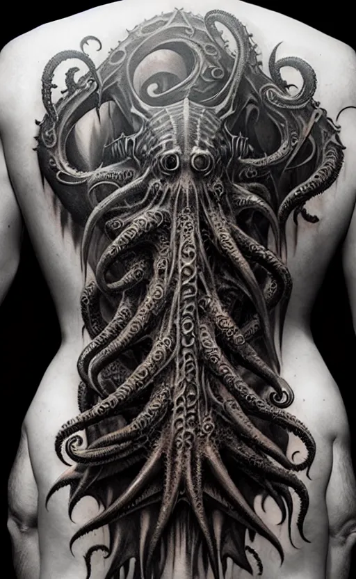 Image similar to photo of a back tattoo, cthulhu by greg rutkowski, by giger, by maxim verehin